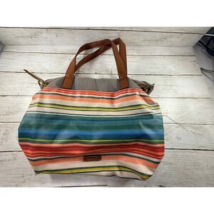 Fossil Striped Canvas Tote Bag Multi Color Leather Trim Zip Top Shopper Handbag